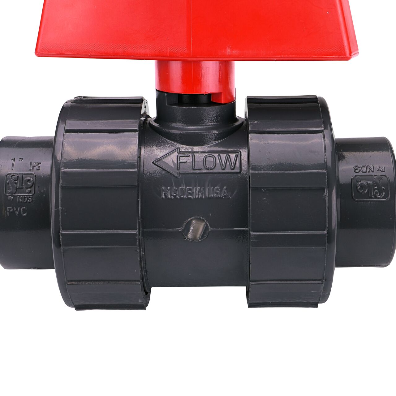 The 1 in. PVC Slip & Threaded True Union Ball Valve (NDS BTU-1000-E) includes directional markings to show which way the one-way valve conveys water through the pipes