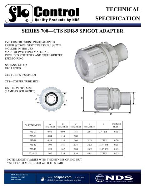 NDS Flo-Lock™ Gripper Adapters IPS Spigot X SDR-9 CTS Tech Spec