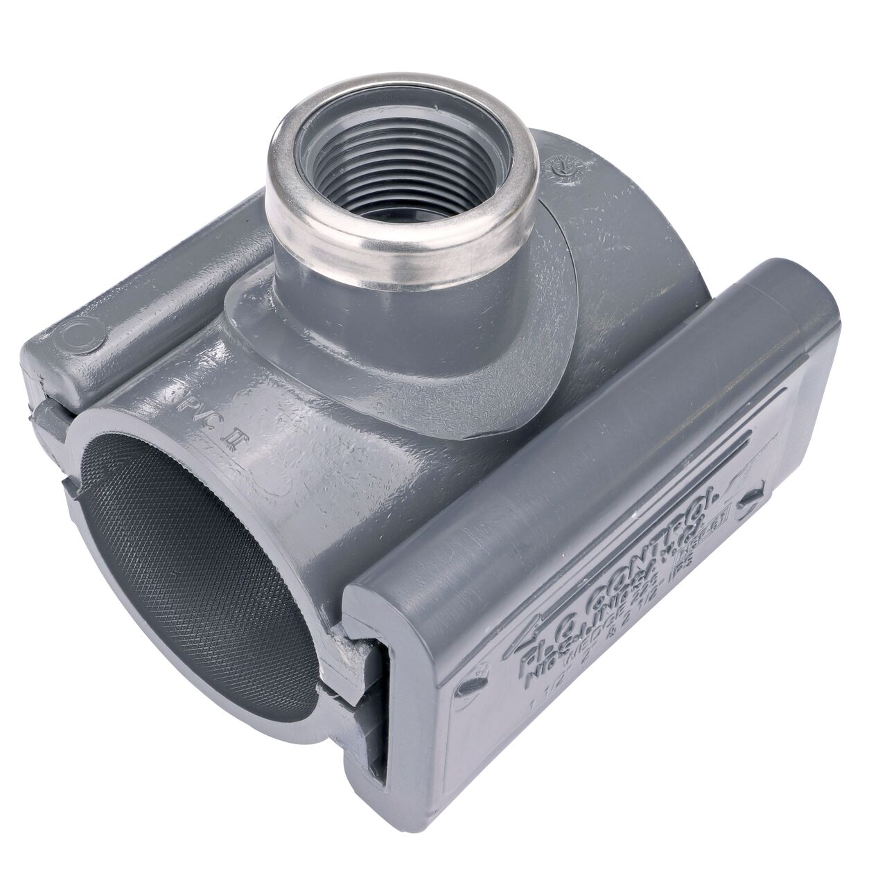 The 1 in. FPT outlet at the top of the NDS Clamp-It™ Rigid PVC Saddle (NDS 422010) for 2 in. PVC pipe adds a riser or sprinkler to an existing pipeline for agricultural or mining applications