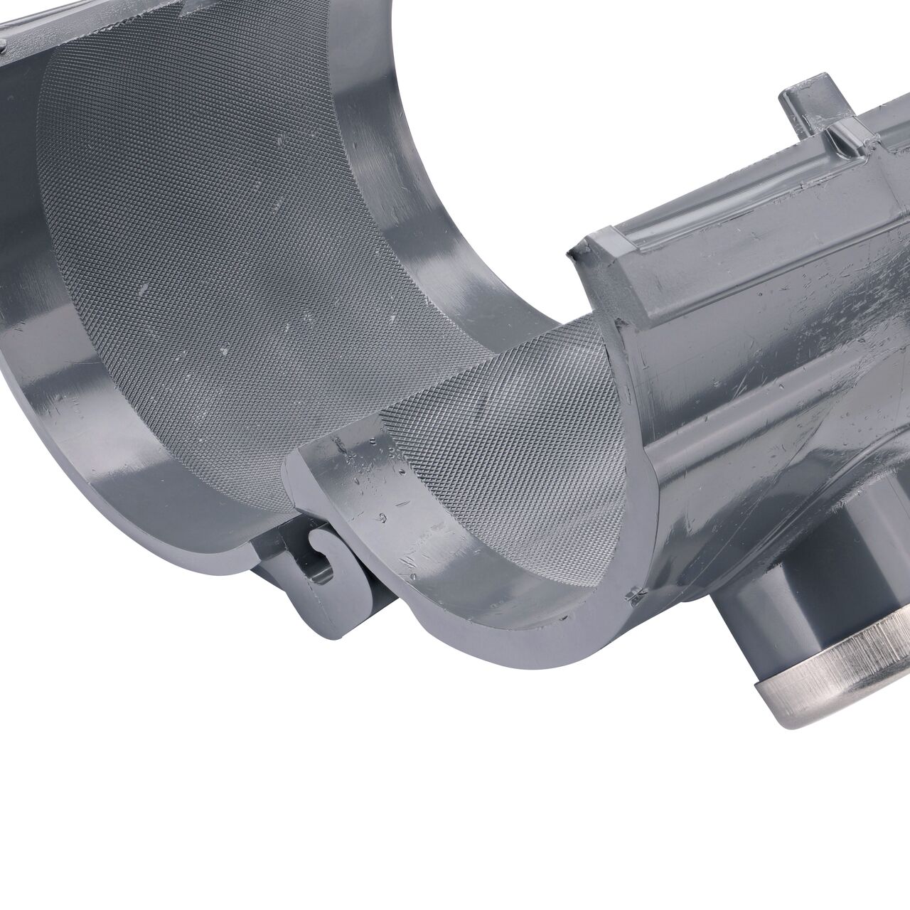 Closeup of the hinge open on the NDS Clamp-It™ Rigid PVC Saddle with 1-1/4 in. FPT connection on top (NDS 444012) for 4 in. PVC pipe