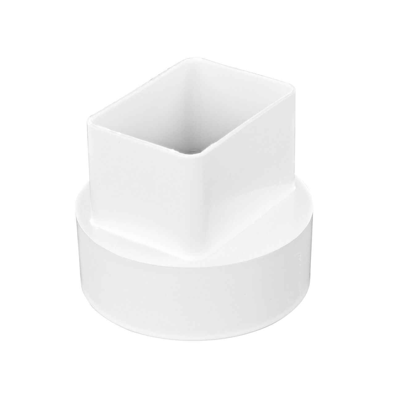 PVC downspout adapter, connects 2X3 in. Downspout to 4 in. DWV/Sch. 40 Hub (NDS 9P08*, NDS 9P08)