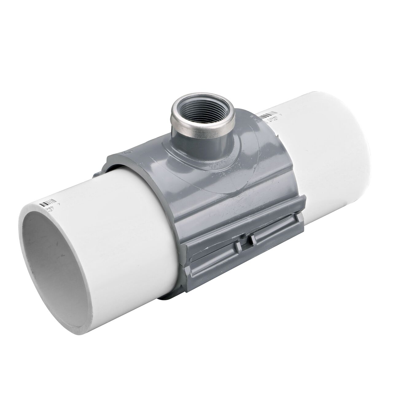 The NDS Clamp-It™ Rigid PVC Saddle with 1-1/4 in. FPT connection on top (NDS 444012) clamps onto 4 in. PVC pipe