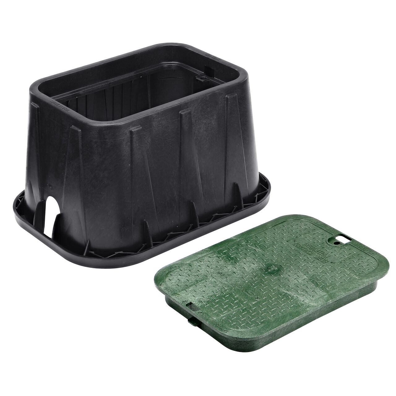 Unassembled View of the NDS 14 X 19 in. Black Rectangular Pro-Spec® Series valve box and Green Irrigation Control Valve Overlapping cover (NDS 313BC) with universal locking mechanism enabling a variety of bolts and screws to be used to secure the covers.