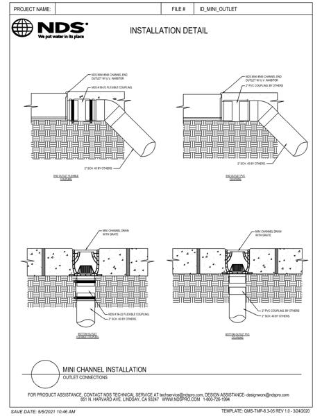 NDS Mini™ Channel Drains & Grates Outlet Connections Installation Detail