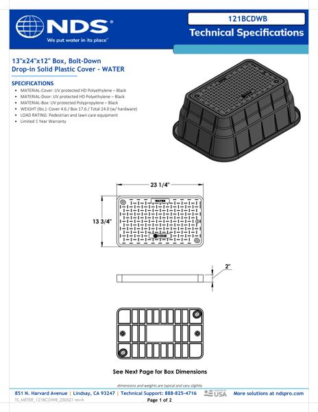 NDS 13 in. X 24 in. Rectangular Meter Box and Drop-in Cover, 12 in. Height, Black Box, Black Water Meter Cover, Includes Bolt Tech Spec