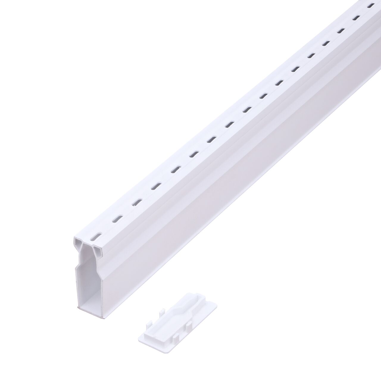Uninstalled White Micro Channel Drain End Plug (NDS 8471*, NDS 8471) next to Micro Channel™ Drain & Integrated Grate, 1-1/4 in. wide X 5 ft. long, White Plastic (NDS 8001, NDS 8001-5*)