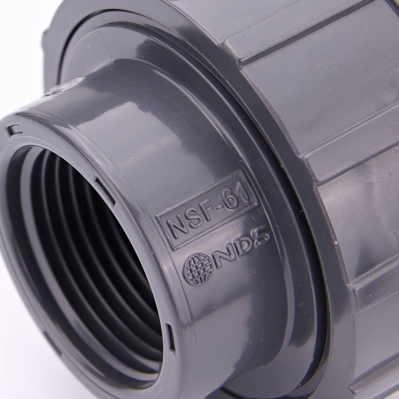 Close up view of the PVC Union, 1 in. Sch. 80 S X FPT showing NDS brand a leader in flow management solutions and the preferred choice of professionals since 1972 mark (NDS U-1000-ST)