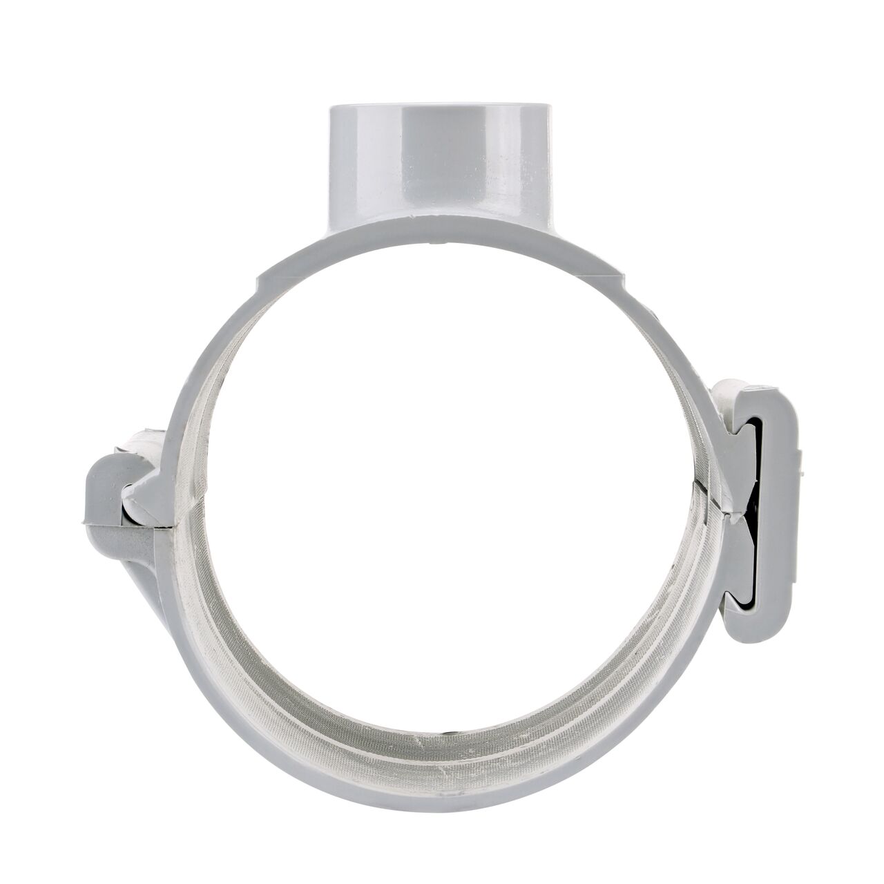 Front facing view of the NDS Clamp-It™ Rigid PVC Saddle with 1-1/2 in. slip connection on top (NDS  456015) for 6 in. PVC pipe showing both the wedge and hinge sides