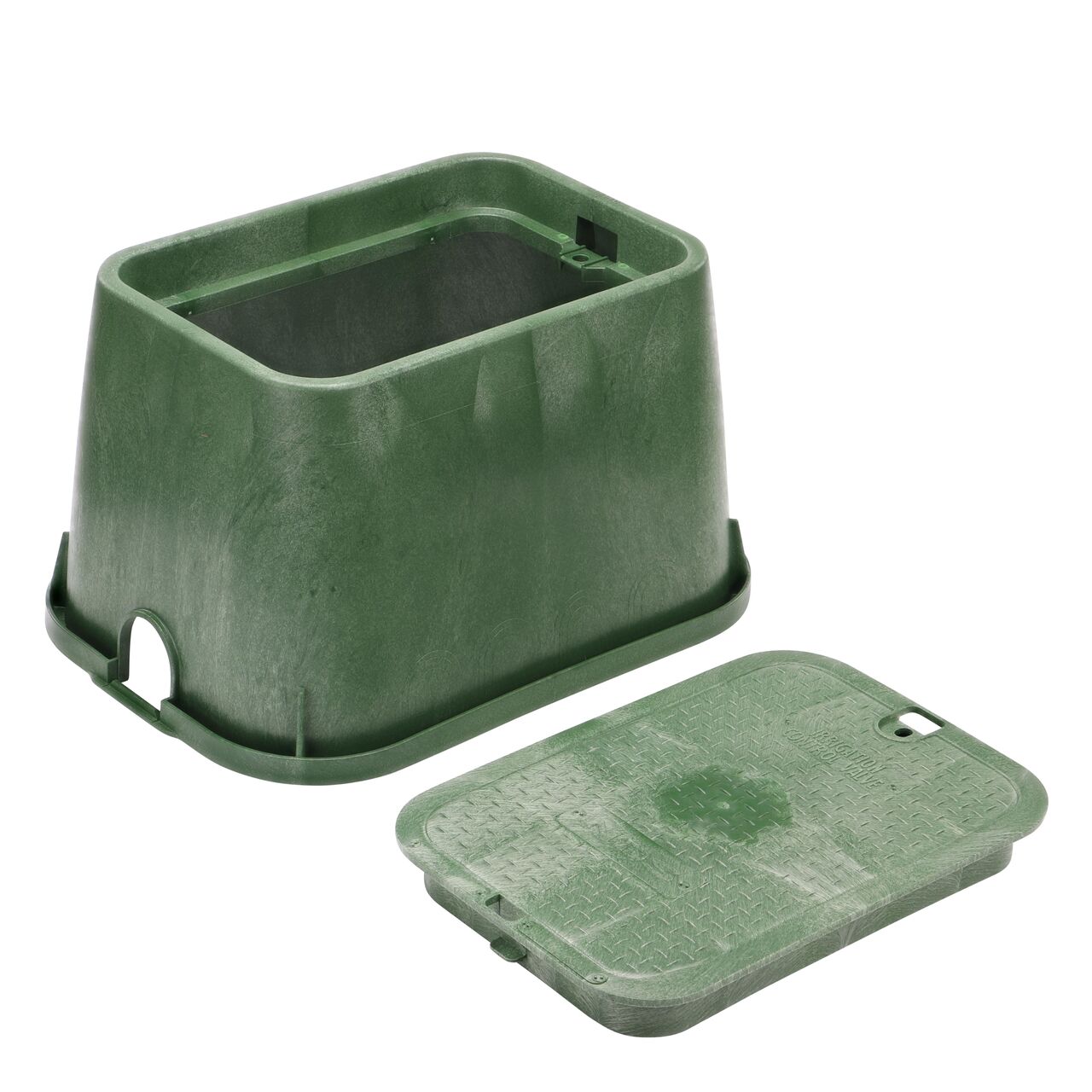 Unassembled View of the NDS 14 X 19 in. Rectangular Standard Series Green box and Green Irrigation Control Valve cover with bolt (NDS 114BCB), that secures the overlapping lid onto the box