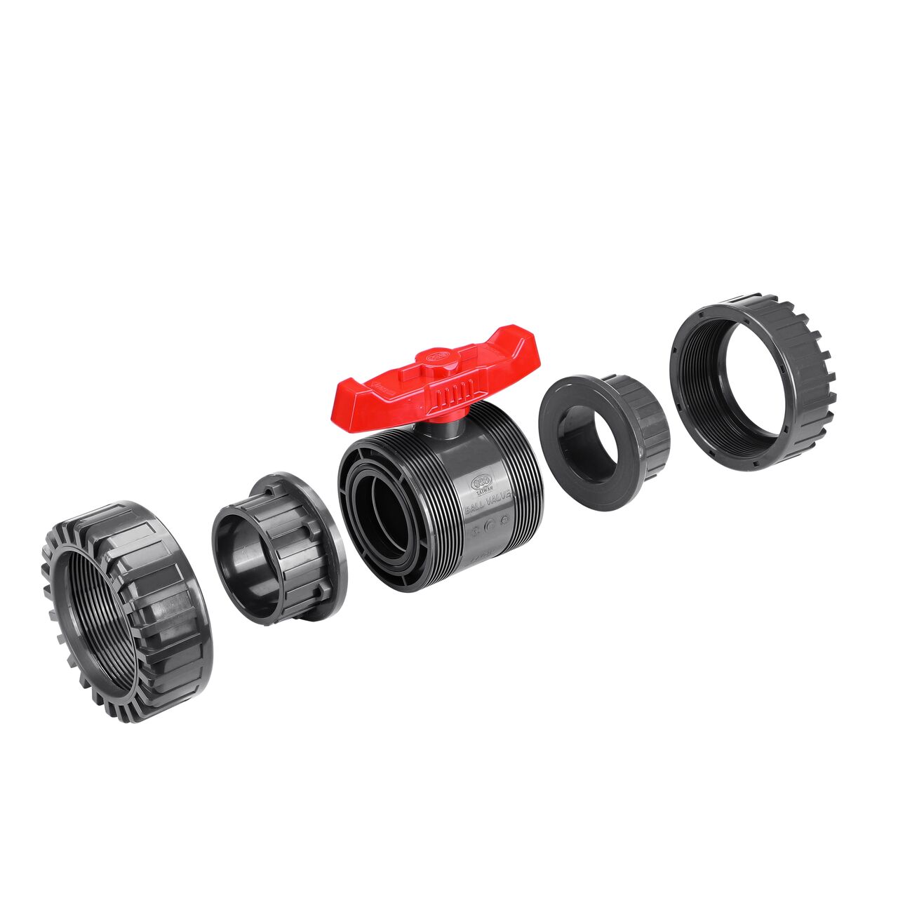 NDS PVC True Union Ball Valve unassembled showing all the pieces including the slip ends that connect two 3 in. Sch. 80 pipes