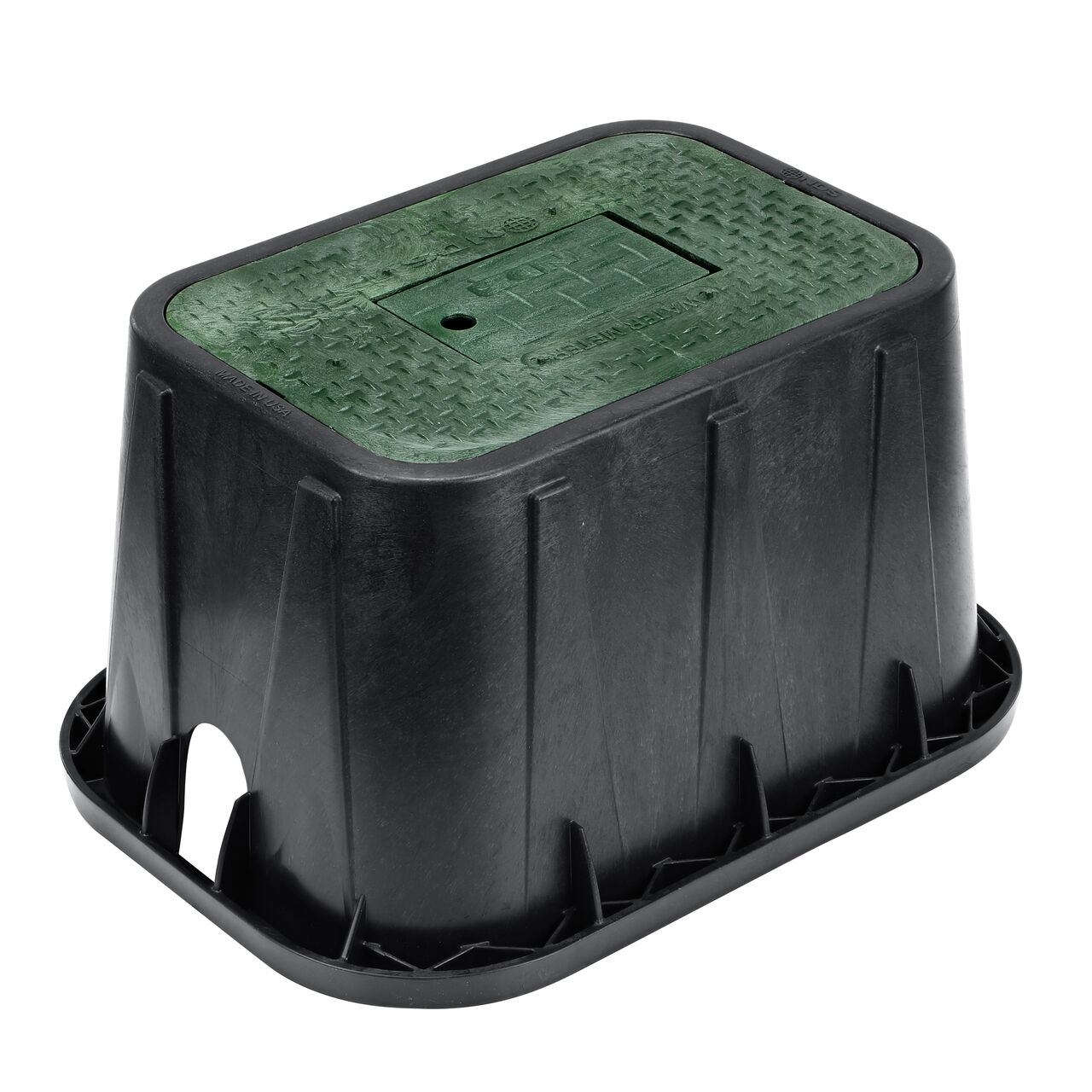 The NDS 14 in. X 19 in. Rectangular Standard Series Meter Box and Cover is a 12 in. high Black box and Green Cover with Water Meter markings on the Drop-in lid (NDS D1200-DIRG) with a Plastic reader door and protects underground irrigation and sprinkler system components and keeps them out of sight