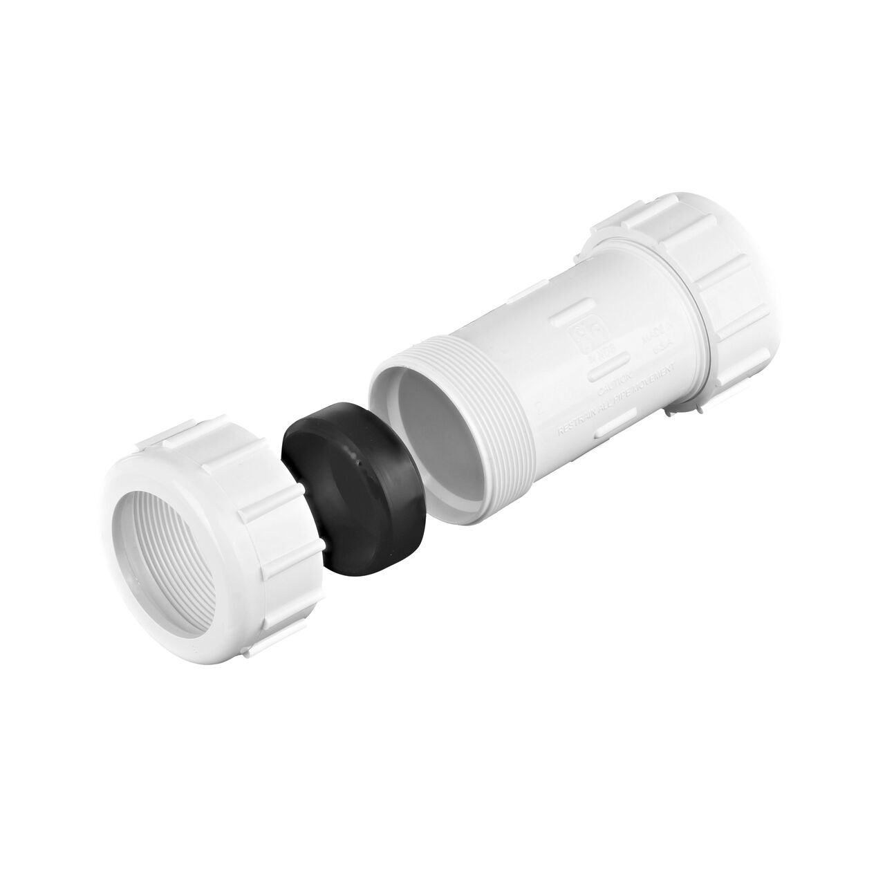 One unassembled end and one assembled end on the PVC Compression Coupling 2 in. IPS UC showing the Santoprene gasket and adjustable nut that tightens and secures to pipes providing a leak-resistant connection (NDS CPC-2000)