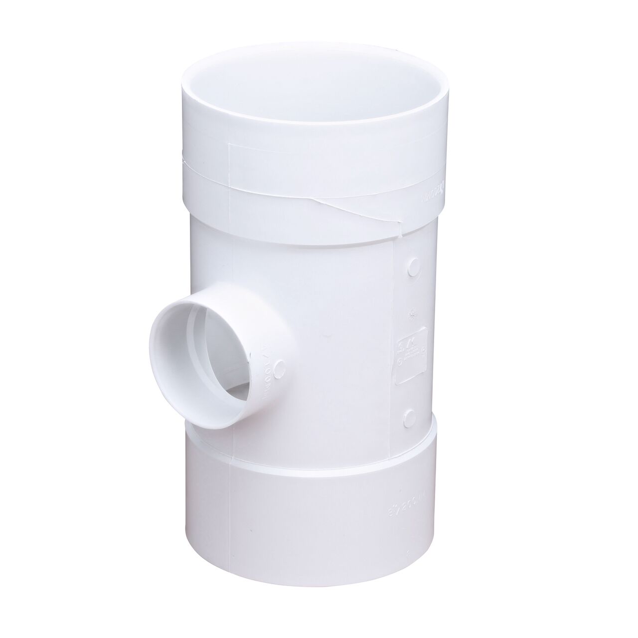PVC tee for Sewer and Drain pipes; 8 in. Hub X Hub X 4 in. Hub connection (NDS 84P01)