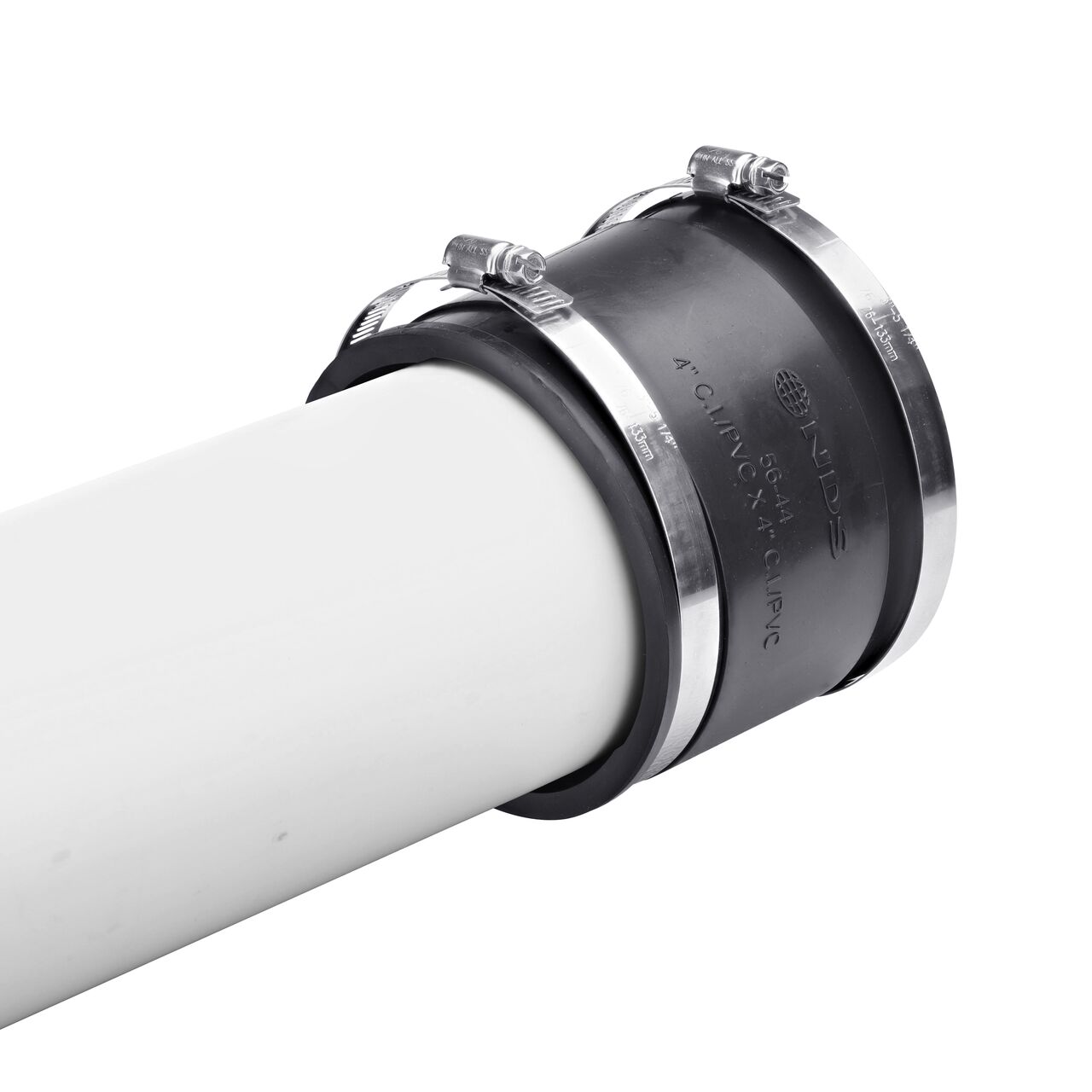 The NDS 4 in. flex coupling installation step shows how to connect to pipe to form a positive seal against infiltration and exfiltration in non-pressure environments. (NDS 56-44)
