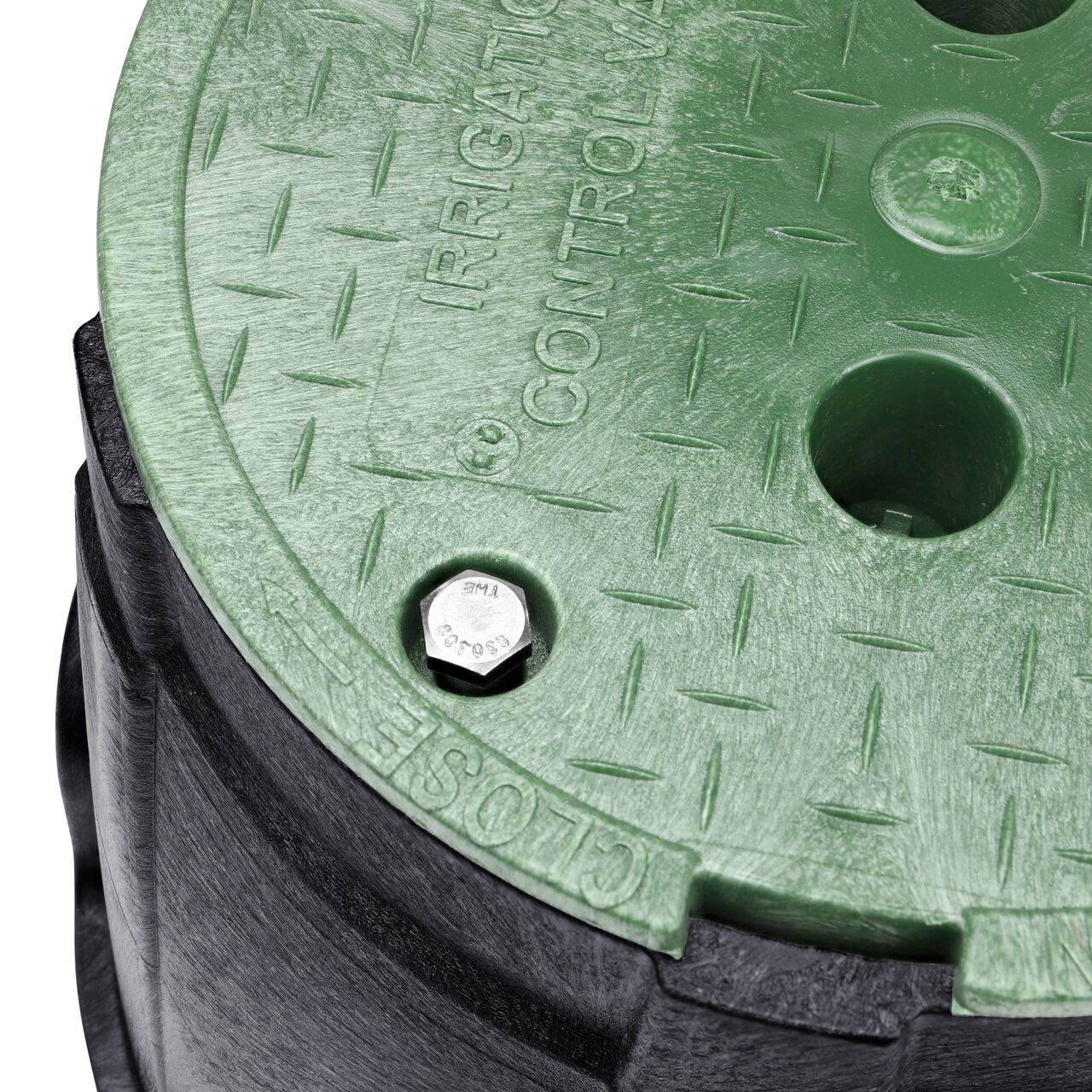 The valve box lid and bolt securely in place on the NDS 10 in. Round Pro-Spec® Series Black Box and Green Irrigation Control Valve Cover (NDS 311BCB) keeping components protected against the elements, foot traffic, lawn care equipment, and potential vandalism while keeping them out of sight