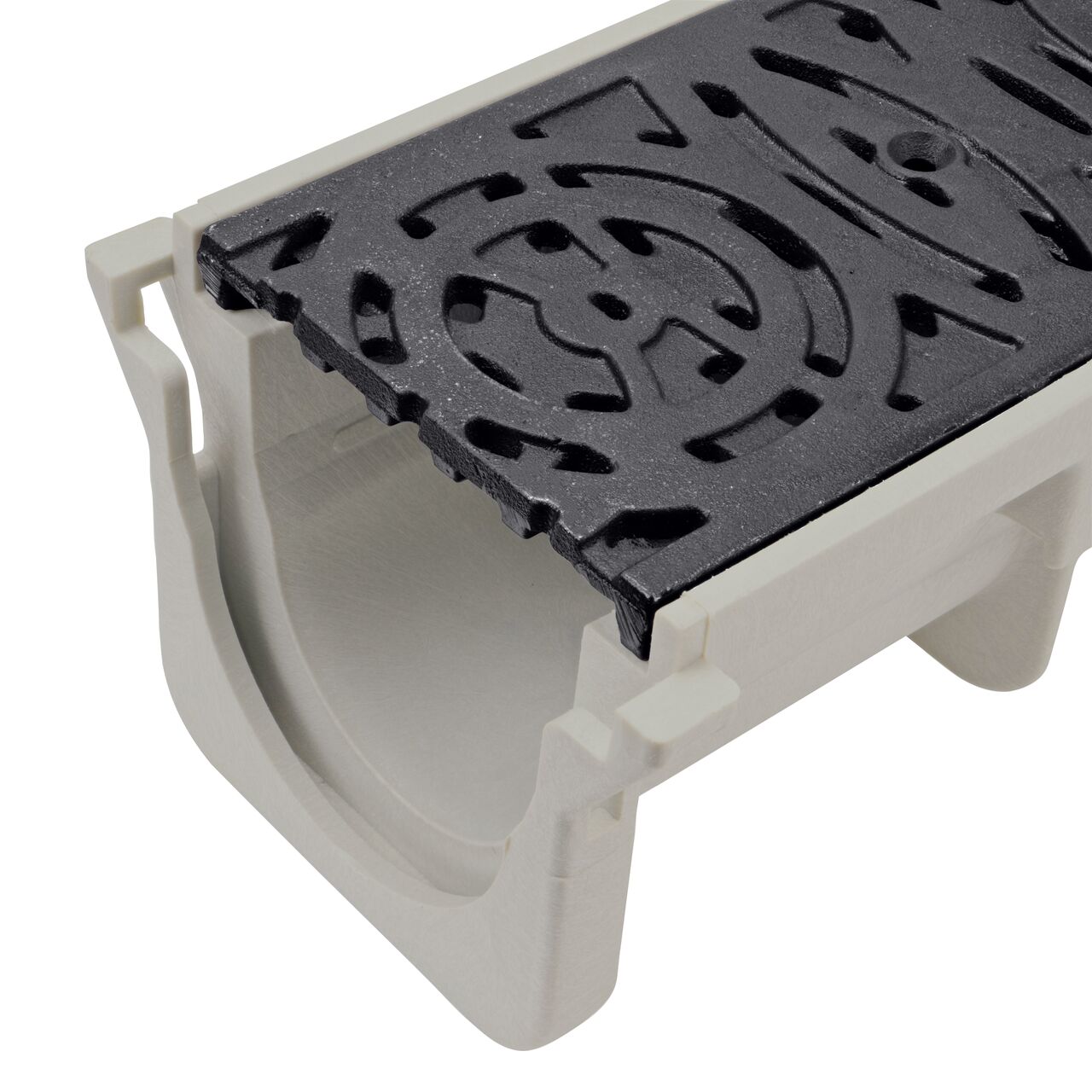Closeup view of the ductile iron decorative Ville Slot design Dura Slope™ Channel Drain Grate (NDS DS-612-VILLE) on one Dura Slope Channel Drain (NDS DS-091)
