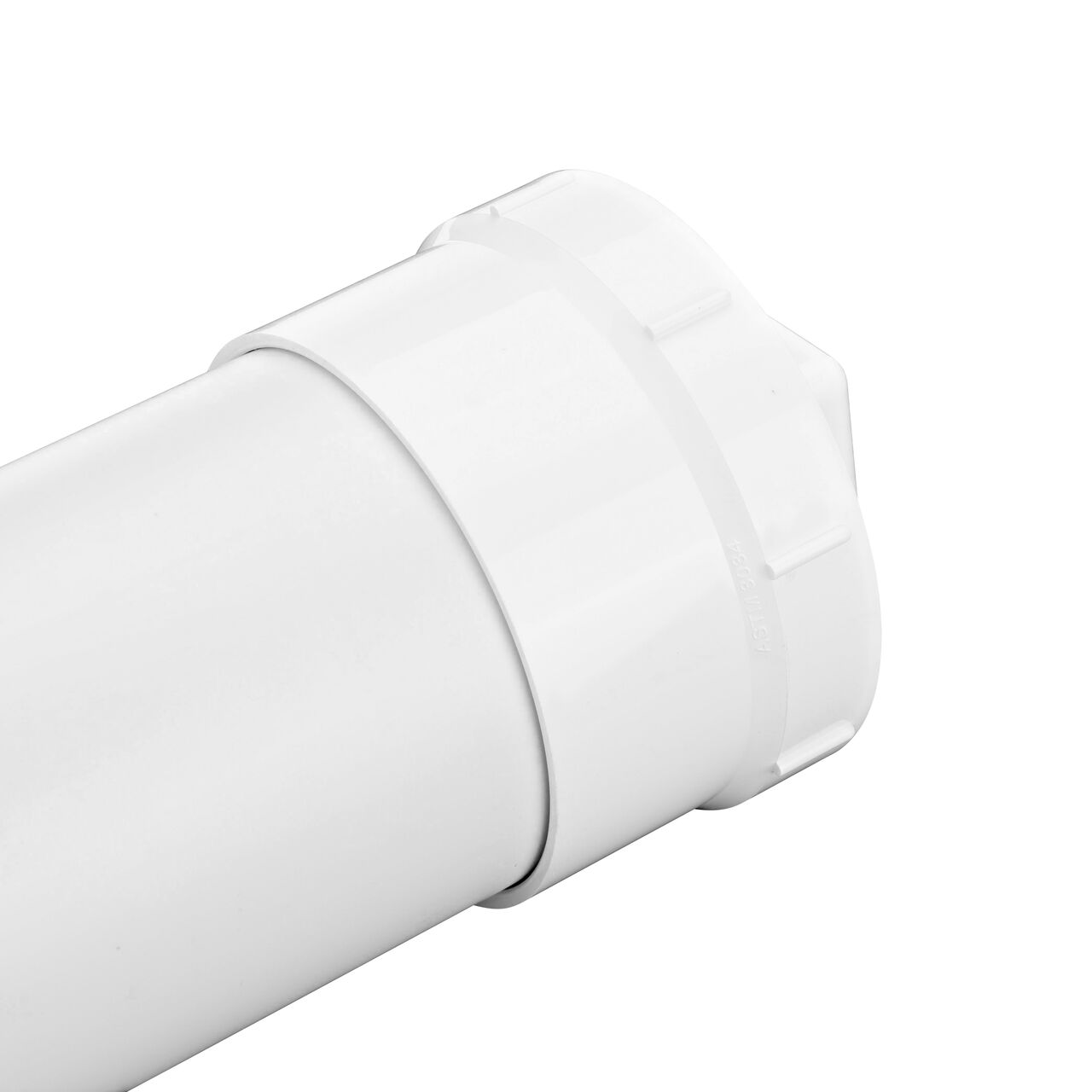NDS 4 in. PVC Female Adapter (NDS 4P11*, NDS 4P11) with 4 in. S&D Pipe attached to the S&D hub end horizontally (NDS 4P11*, NDS 4P11, NDS 41P8, NDS 41P8*)