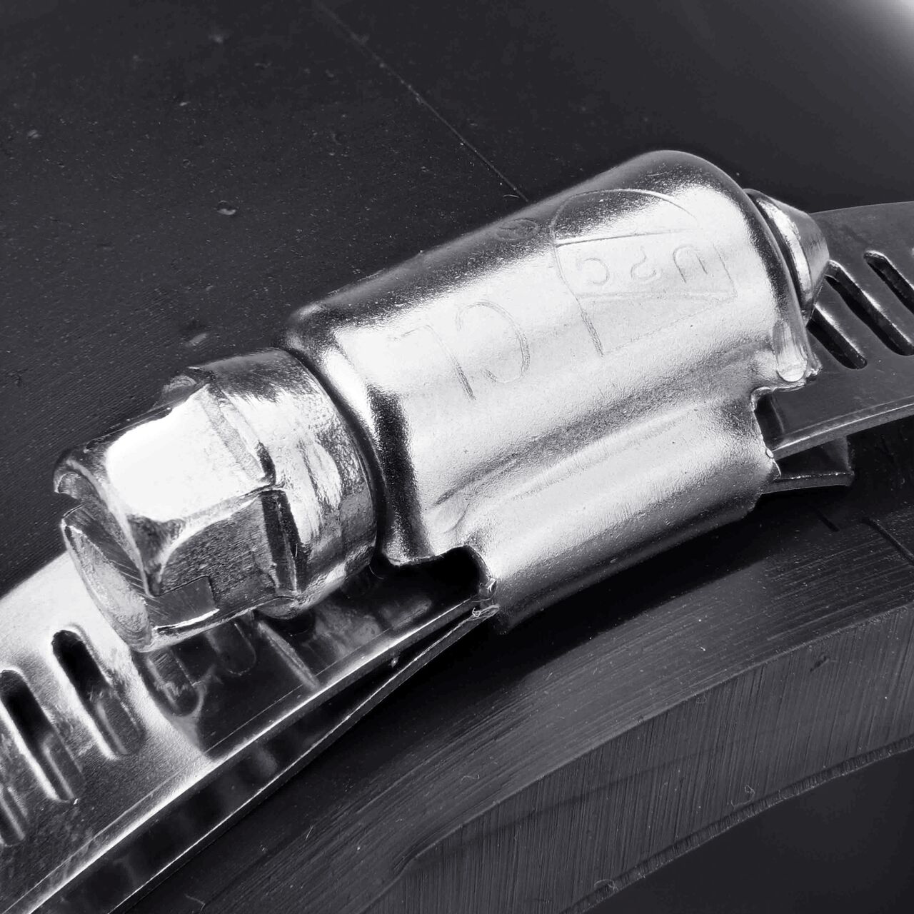Closeup view of the large end on the NDS 4 in. flex coupling connects two cast iron/sewer and drain or DWV/copper/steel/lead pipes (NDS 56-44)