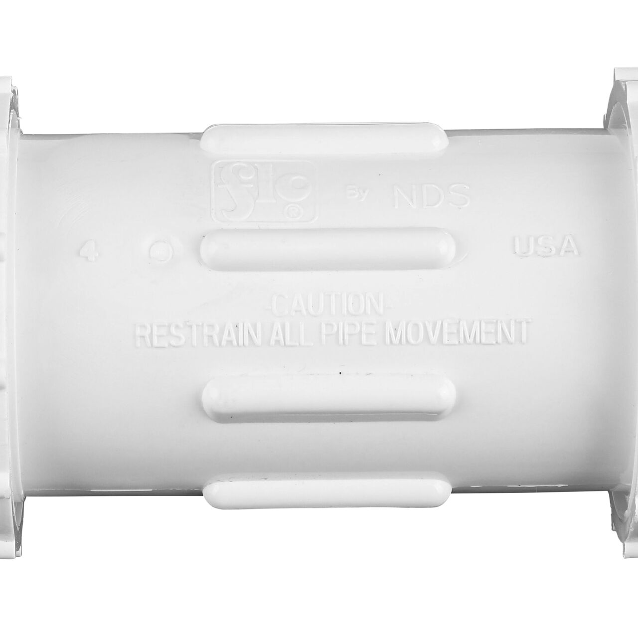 Closeup view of the NDS 1 in. CTS UC Compression Coupling showing that it is made in the USA as part of a complete flow management system for pool, spa, irrigation, and plumbing applications (NDS CCC-1000)