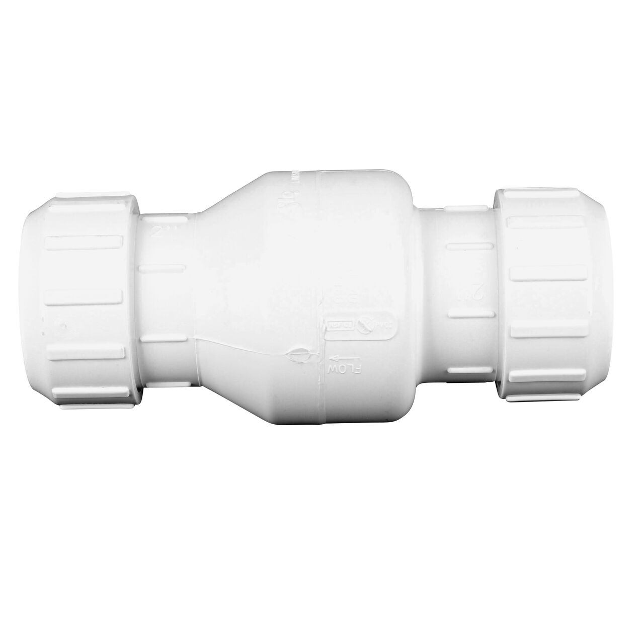Side to side view of the NDS White 2 in. PVC Compression Swing Check Valve (NDS 1500-20)