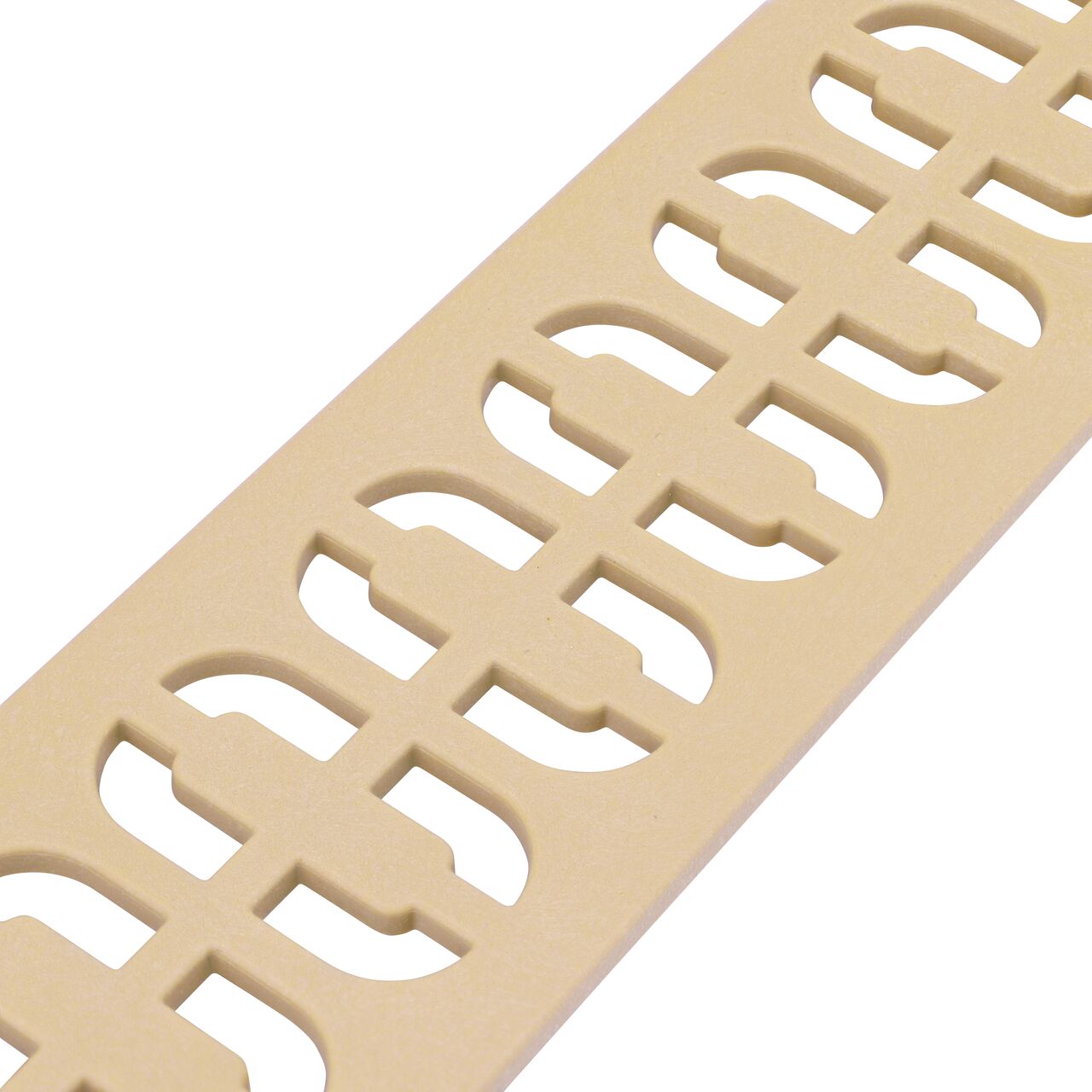 Angled closeup view of the Slim Channel™ Sand Decorative Chain Design Drain Grate (NDS 9262)
