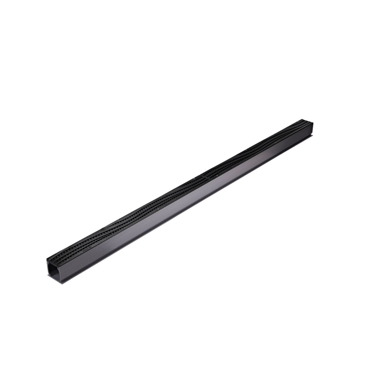 Two Black Plastic Wave Design Mini Channel™ Drain Grates (NDS 555) as they fit on one Mini Channel™ Drain (NDS 500)