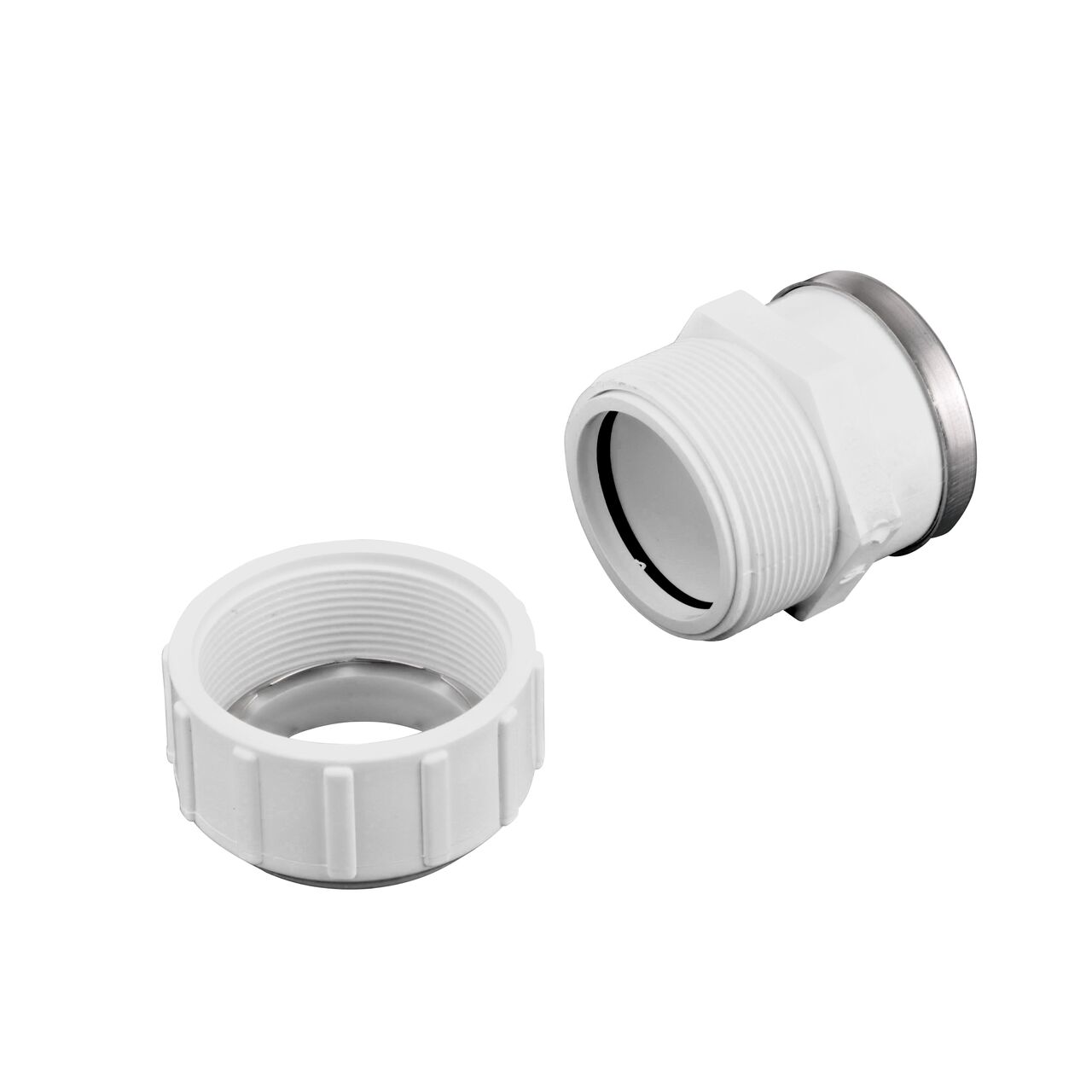 Unassembled NDS 2 in. SDR-9 CTS X 2 in. FPT Flo-Lock™ Gripper Adapter showing where the two ends come apart to secure the adapter to the pipe (NDS 731-20)