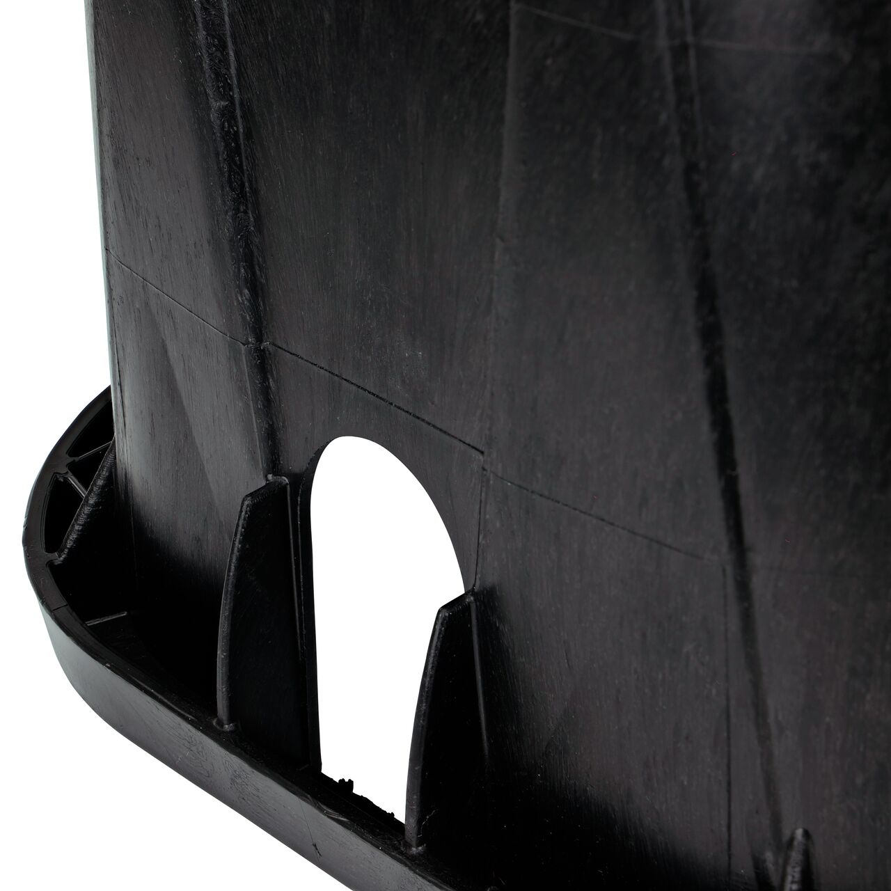 Closeup View of Black 14 x 19 Rectangular Meter Box PVC pipe hole; allows irrigation pipe entry into box interior (NDS D1200-DIRB)