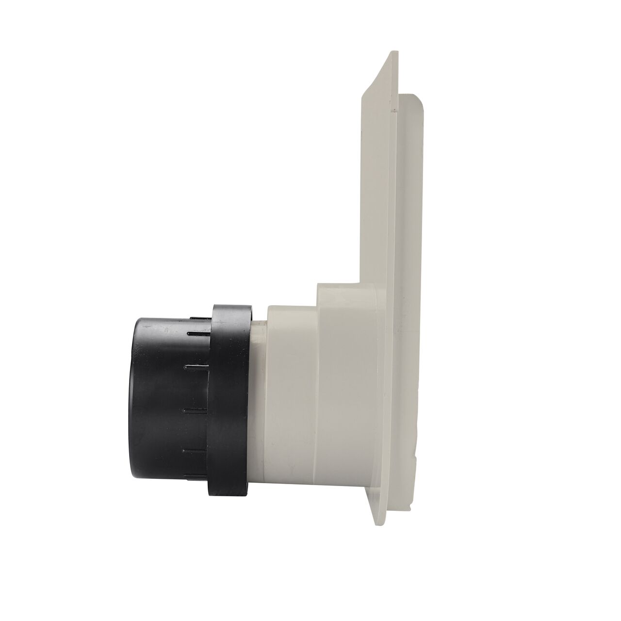 Side view with the opening of the NDS Light Gray 12 in. Pro Series Channel™ Drain End Cap/End Outlet (NDS 844) facing left