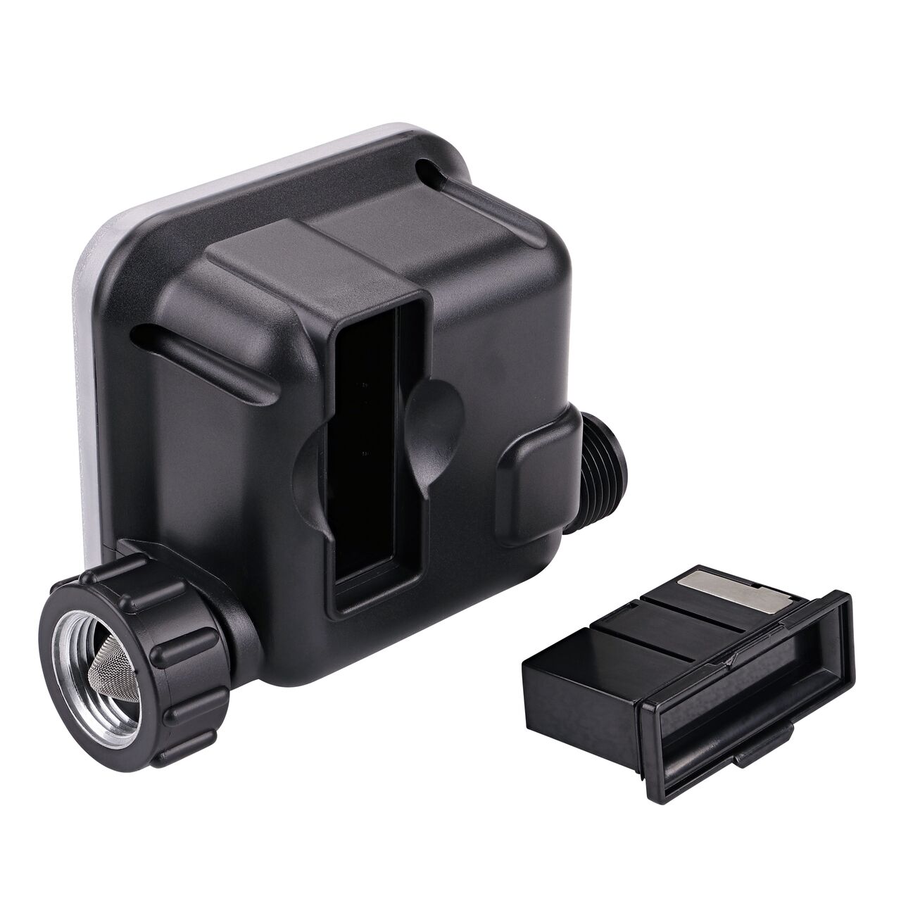 The NDS Automatic Water Timer (NDS A675CT) uses 2 AA batteries (not included) in the pull-out battery compartment located on the back