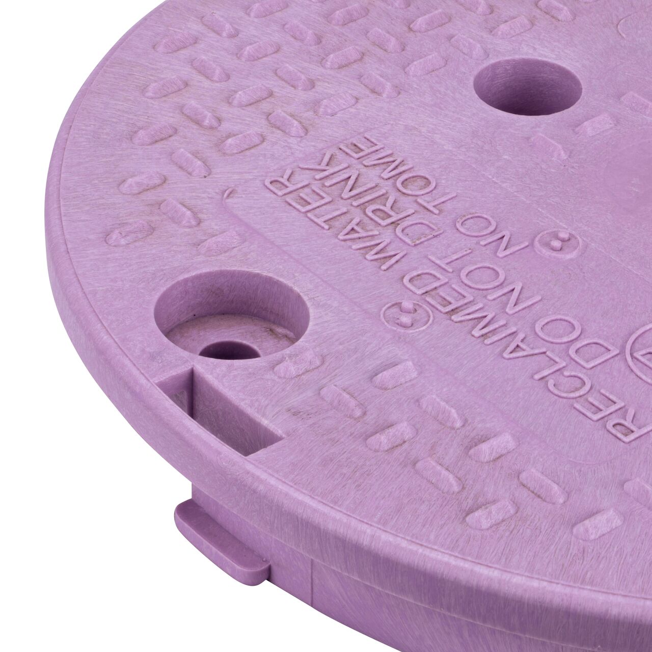 Closeup view of the locking mechanism and bolt hole on the purple reclaimed water cover for the NDS 10 in. Round Standard Series Valve Box (NDS 111CR)