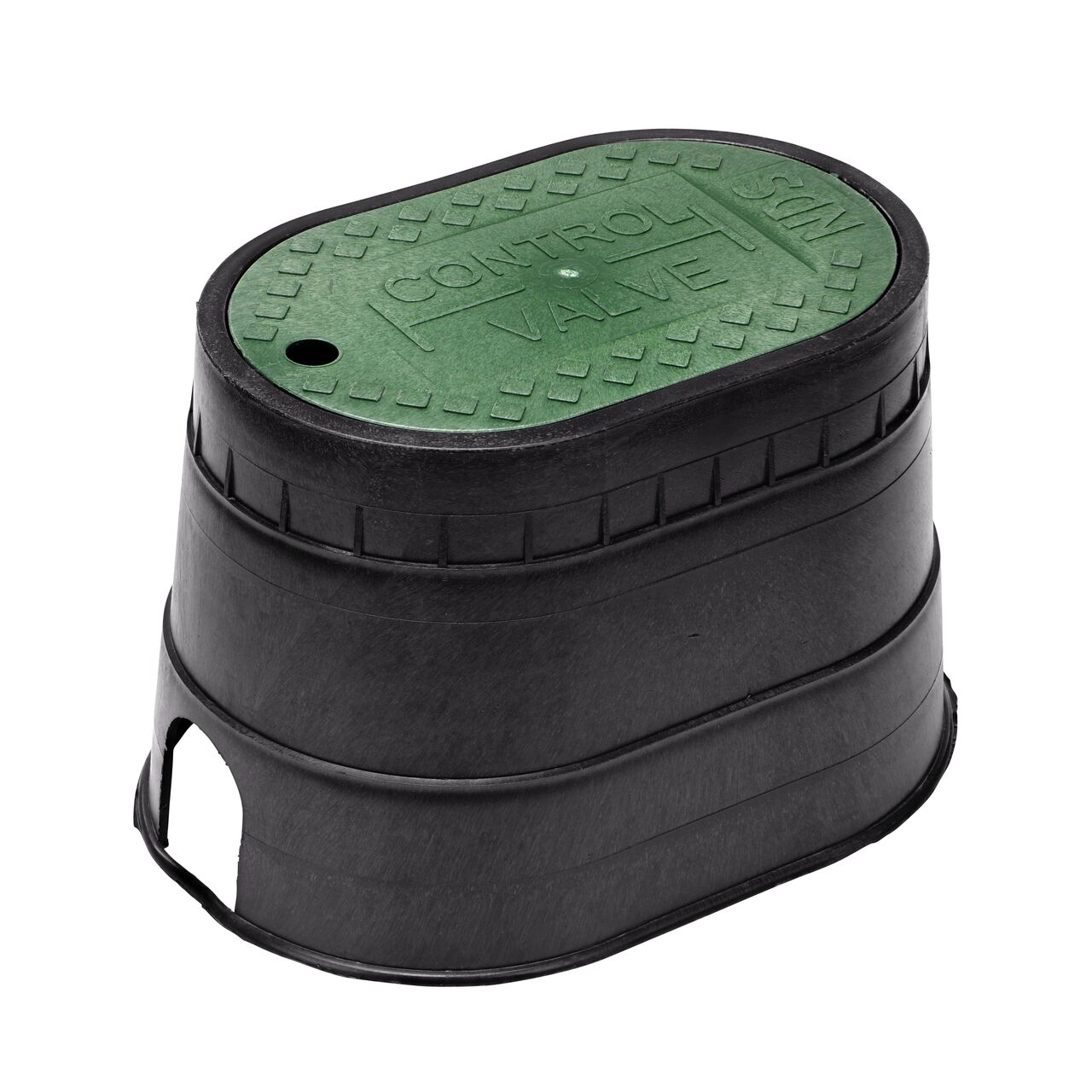 The NDS 8 in. X 12 in. Oval Standard Series Valve Box and Cover is a 9-3/4 in. high Black Box and Green Cover with Control Valve markings on the Drop-in lid (NDS M2-SG) and protects underground irrigation and sprinkler system components and keeps them out of sight