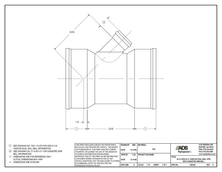 24 x 8 N-12 Dual Wall Wye with Gasketed SWR Bell Nyloplast Detail