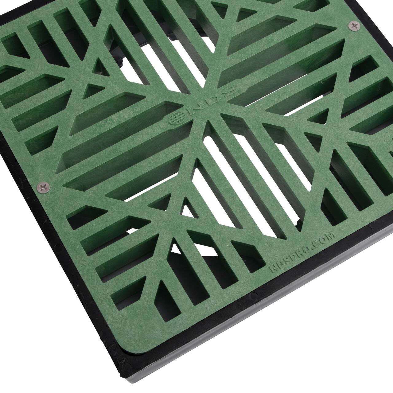 Closeup view of the 9 in. Low Profile Adapter with Catch Basin Grate, Green Plastic (NDS 930GRKITRTL) which drains water from yard; Includes retail 9 in. Green Square Catch Basin Grate (NDS 990*) and retail Catch Basin Adapter (NDS 1244*)