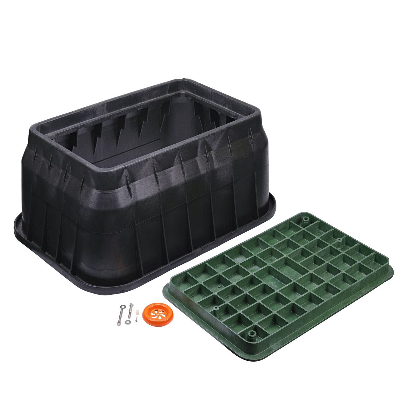 Unassembled View of the NDS 17 in. X 30 in. Black Rectangular Pro-Spec® Series Telecom box, bolt, marker disc, and Green Telecom Overlapping cover (NDS 326BCBT-BG-M) which provides easy access for service and maintenance of fiber optic cables and splices