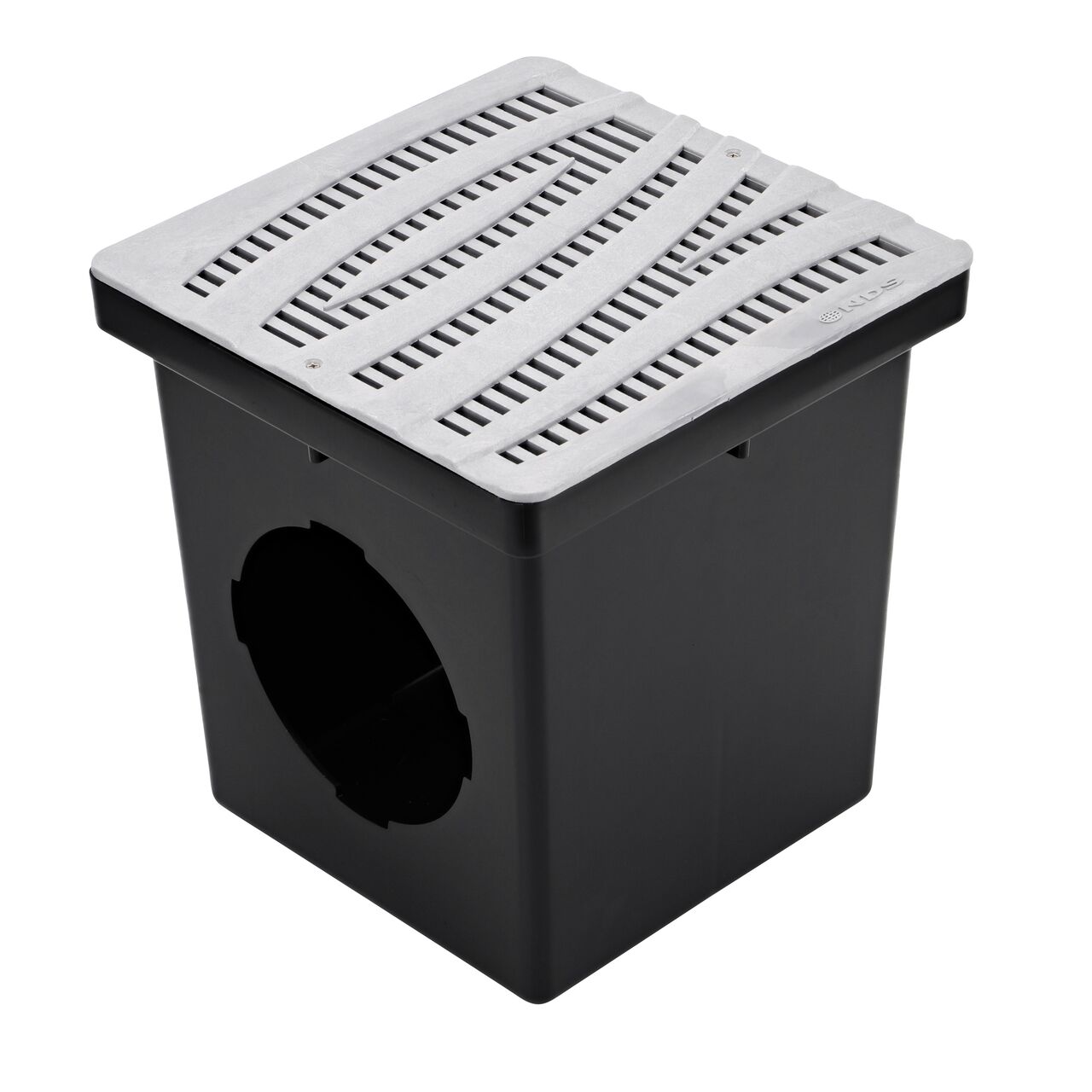 Alternate shot of 12 in. NDS Square Catch Basin Drain Grate, Decorative Wave Design, Gray Plastic (NDS 1224GY) sitting on a NDS 12 in. Square Catch Basin (NDS 1200*); retail