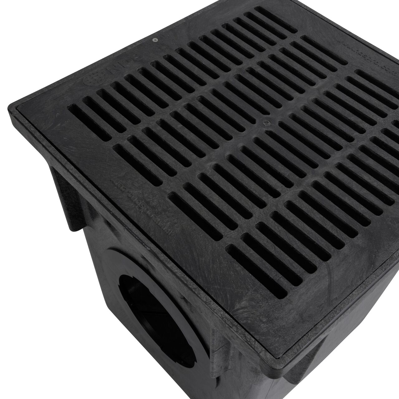 Closeup View of the NDS Black 18 in. Catch Basin Drain Grate (NDS 1811)  installed on the NDS 18 in. Catch Basin Drain (NDS 1882)