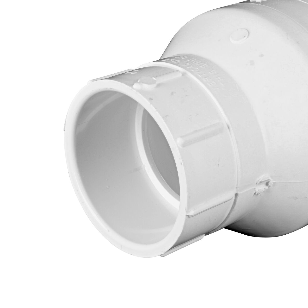 Closeup of outlet end on the NDS White 3 in. slip end by slip end PVC Swing Check Valve (NDS 1520-30) which prevents backflow in pipelines