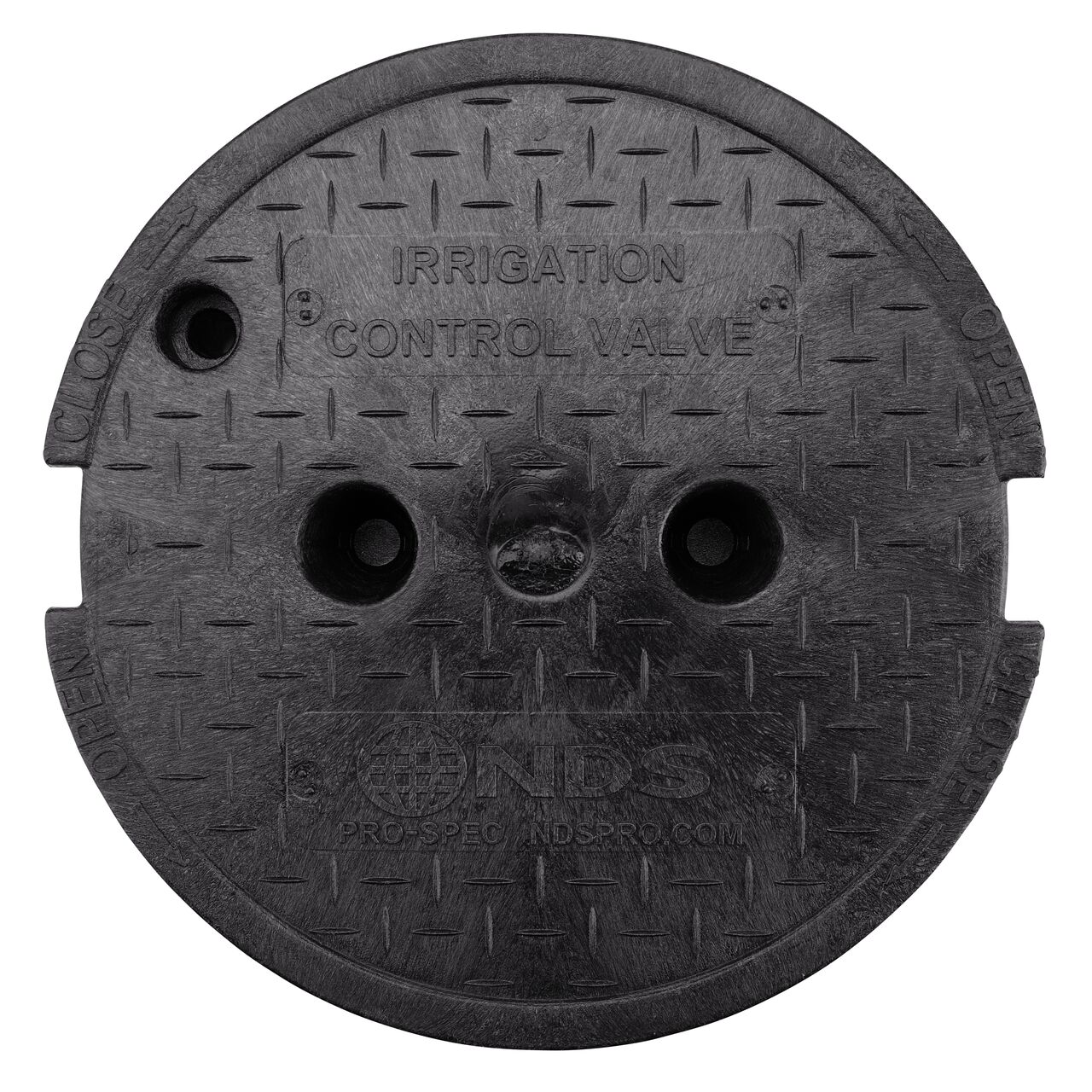 Top down view of the top side of the Black Irrigation Control Valve cover for the NDS 10 in. Round Pro-Spec® Series (NDS 311BCBBLK) shows markings, two finger slots to twist and remove lid