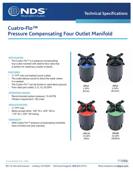 NDS Cuatro-Flo™ Pressure Compensating Multi-Outlet Manifold Tech Spec