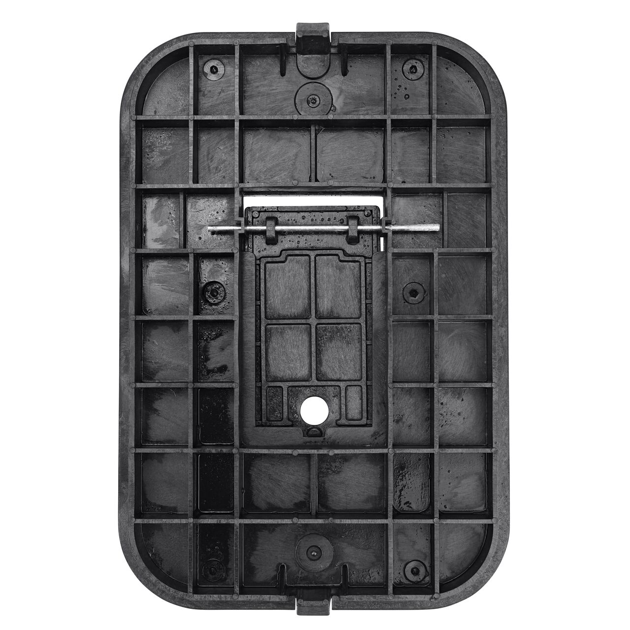 Top down view of the underside of the Black Water Meter cover (NDS D1200-OLRBL) for the NDS 14 X 19 in. Rectangular Standard Series meter box showing reinforcing ribs that help support pedestrian and lawn care equipment and hinged Plastic reader door