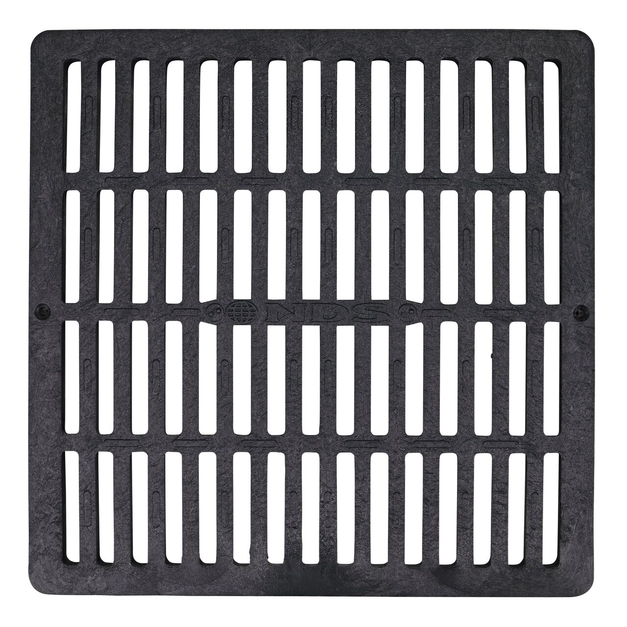 Top down view of NDS 12 in. Square Catch Basin Drain Grate, Black Plastic (NDS 1211)