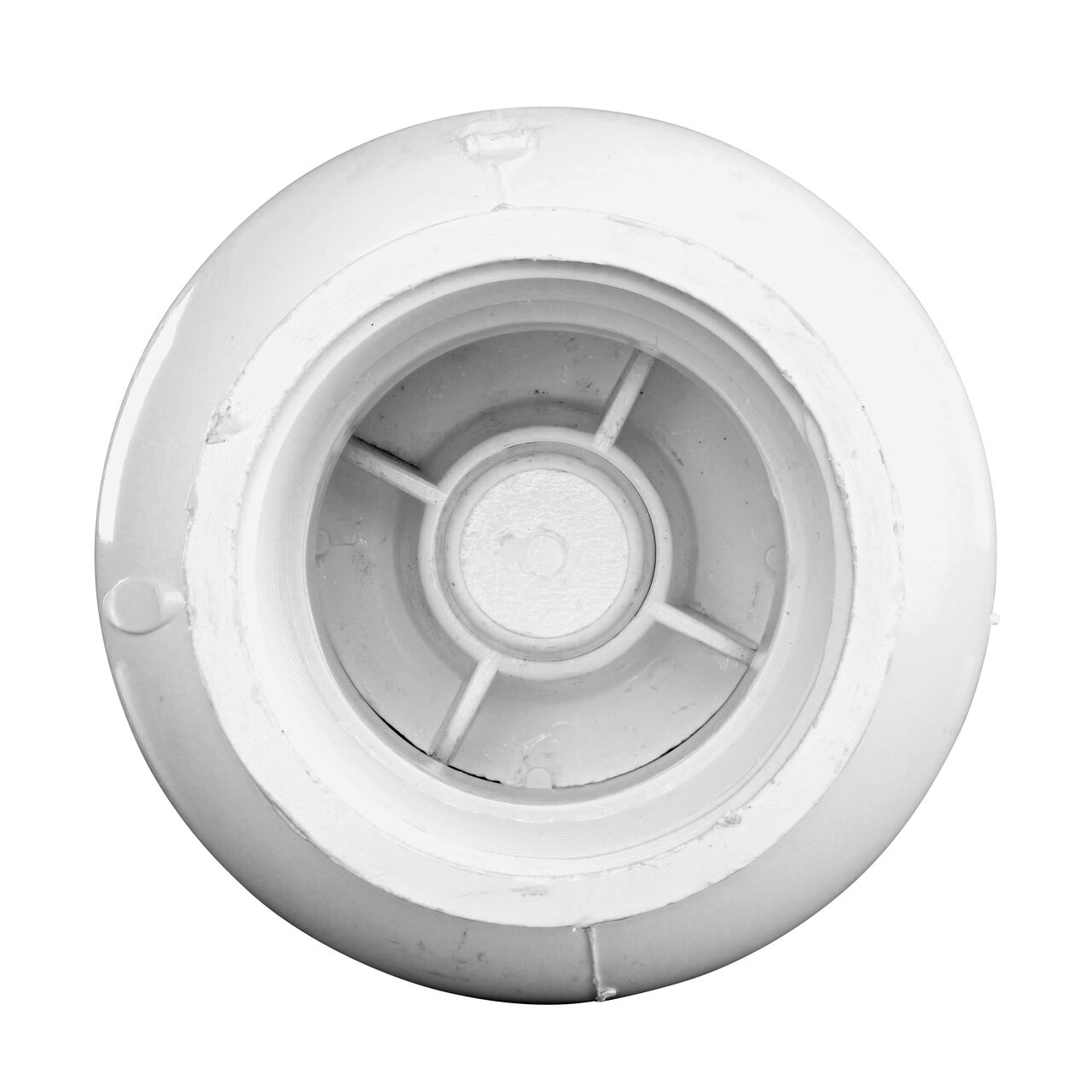 View of the adjustable nut within one threaded end of the NDS White 2 in. IPS FPT X FPT PVC Adjustable Spring Check Valve with 1-3/4-14-1/2 lb. Spring (NDS 1205-20)