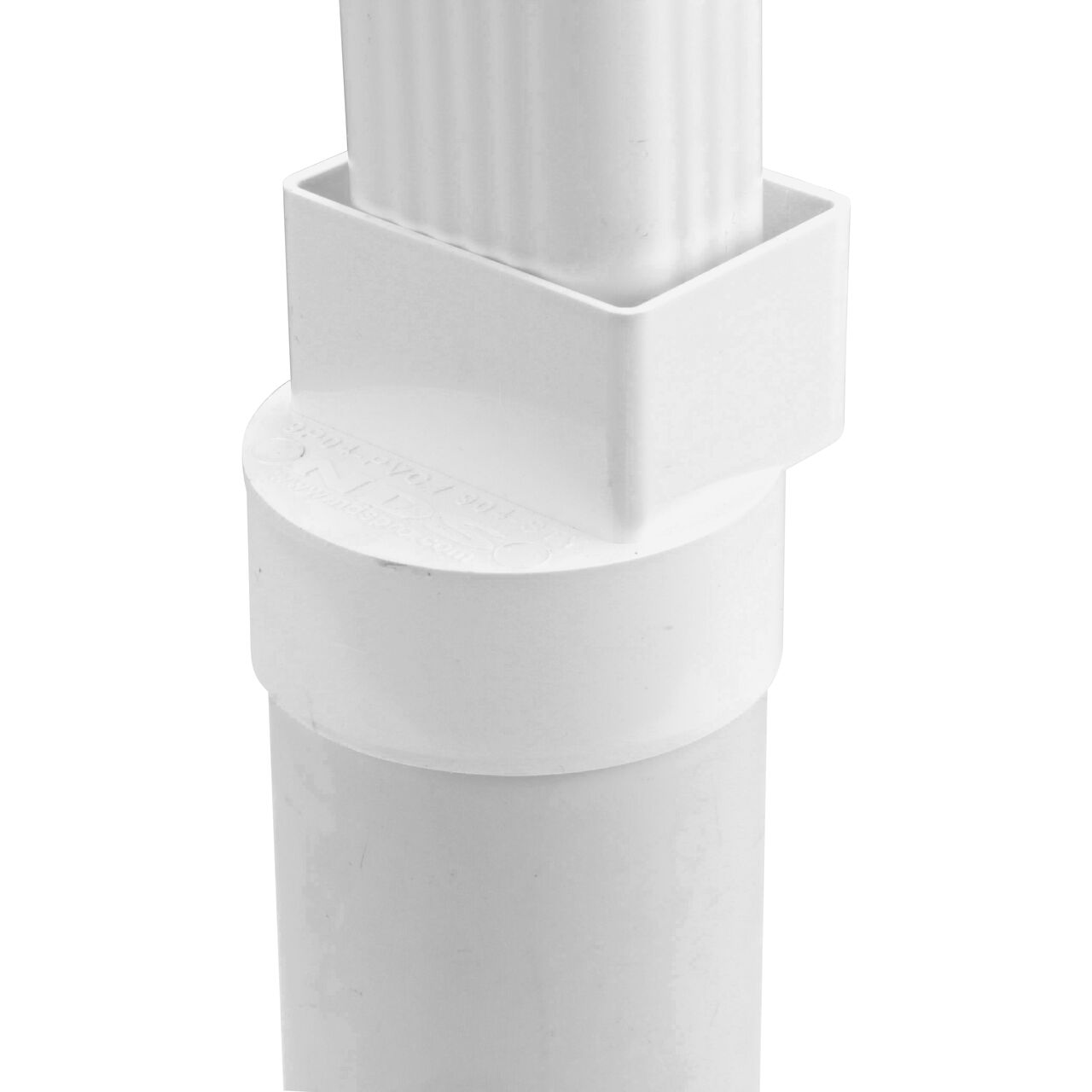 The NDS downspout adapter (NDS 9P04) installed on both a 4 in. S&D pipe and a 2X3 downspout.
