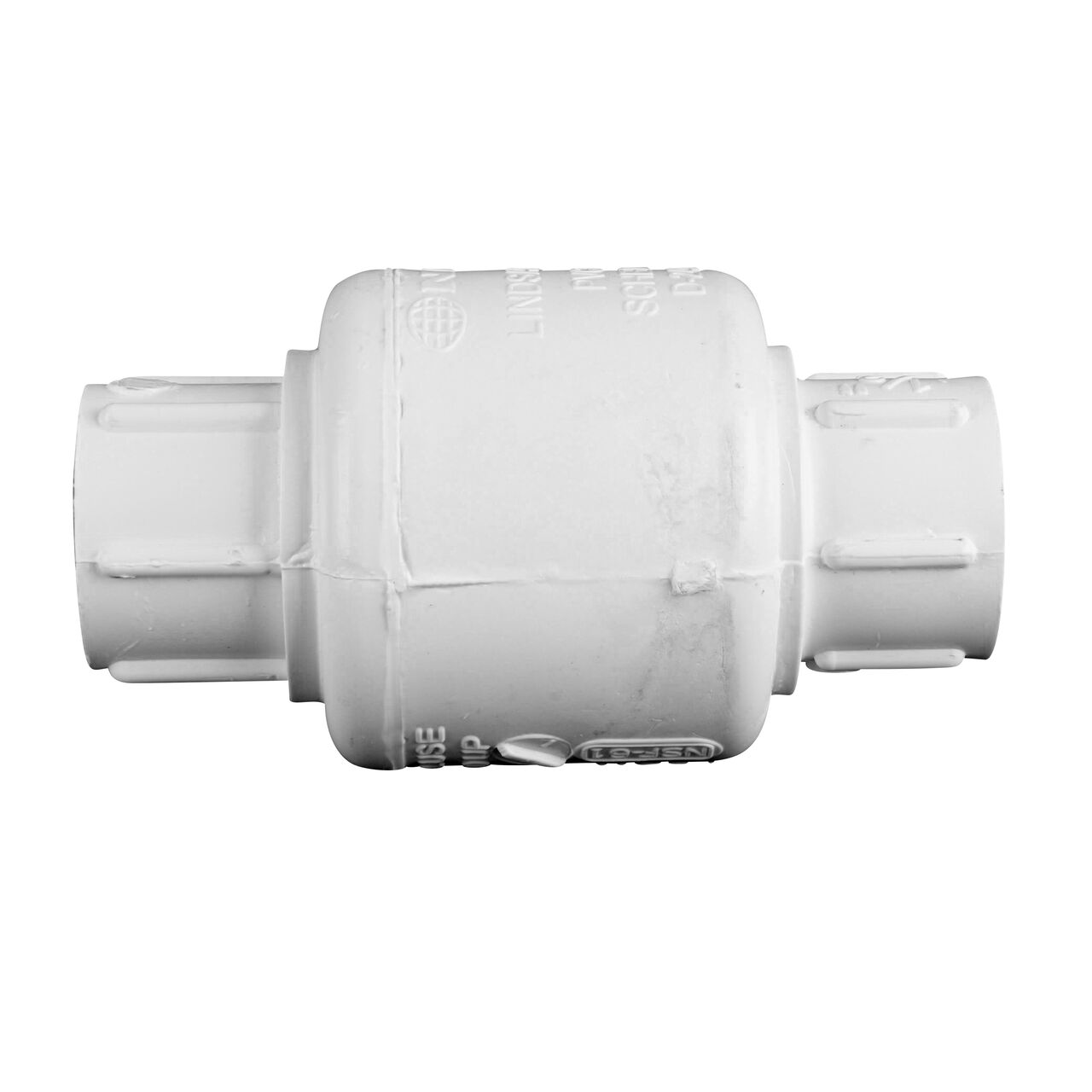 Side to side view of the NDS White 1/2 in. female end by female end PVC Swing Check Valve (NDS 1520-05F) which prevents backflow in pipelines