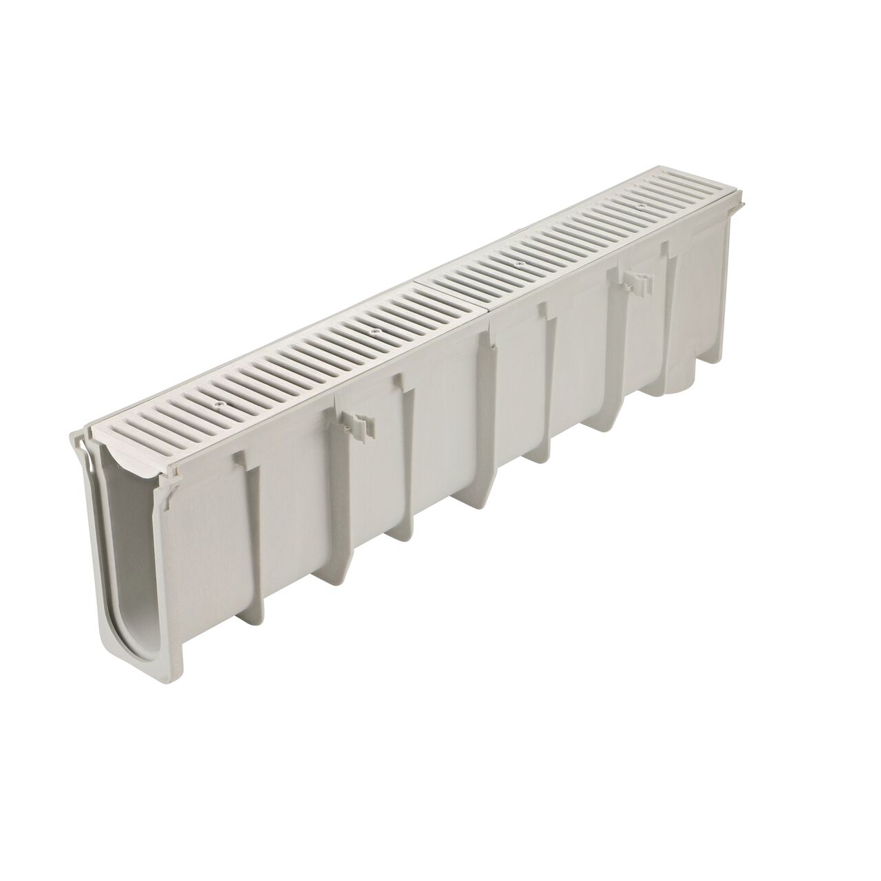 The NDS 11.39 in. Deep Neutral Dura Slope Channel Drain (NDS DS-112N) with two Standard Dura Slope Light Gray Grate installed (NDS 661LG)