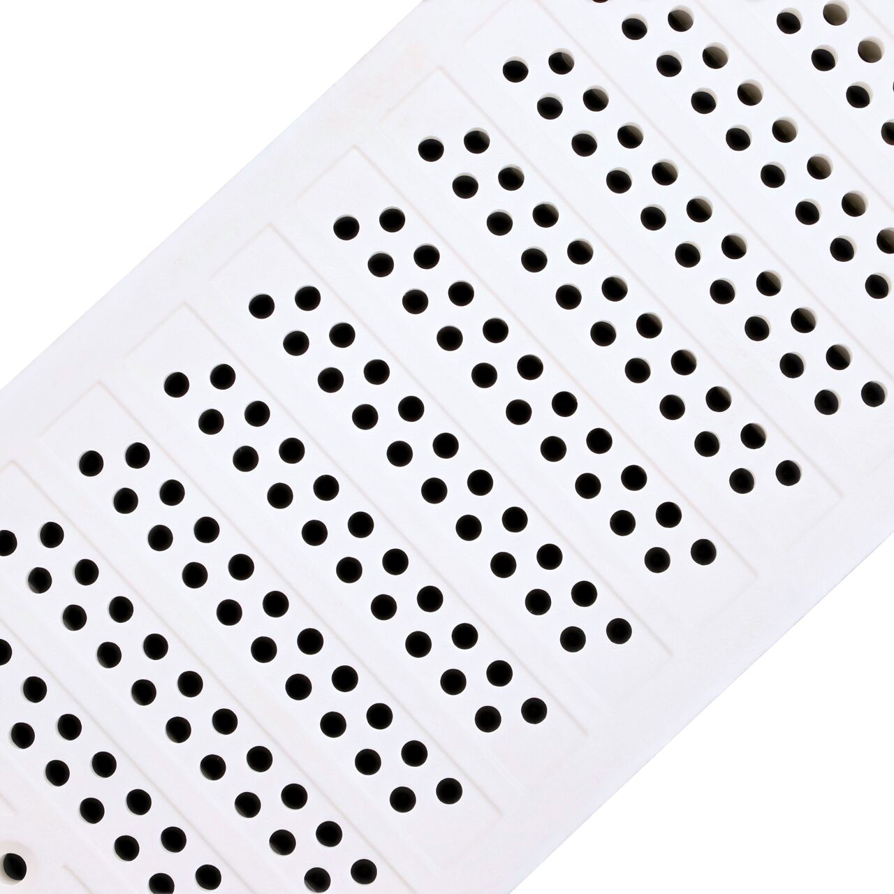 Angled View of the white plastic Perforated Dura Slope™ Channel Drain Grate (NDS DS-670) perforated design