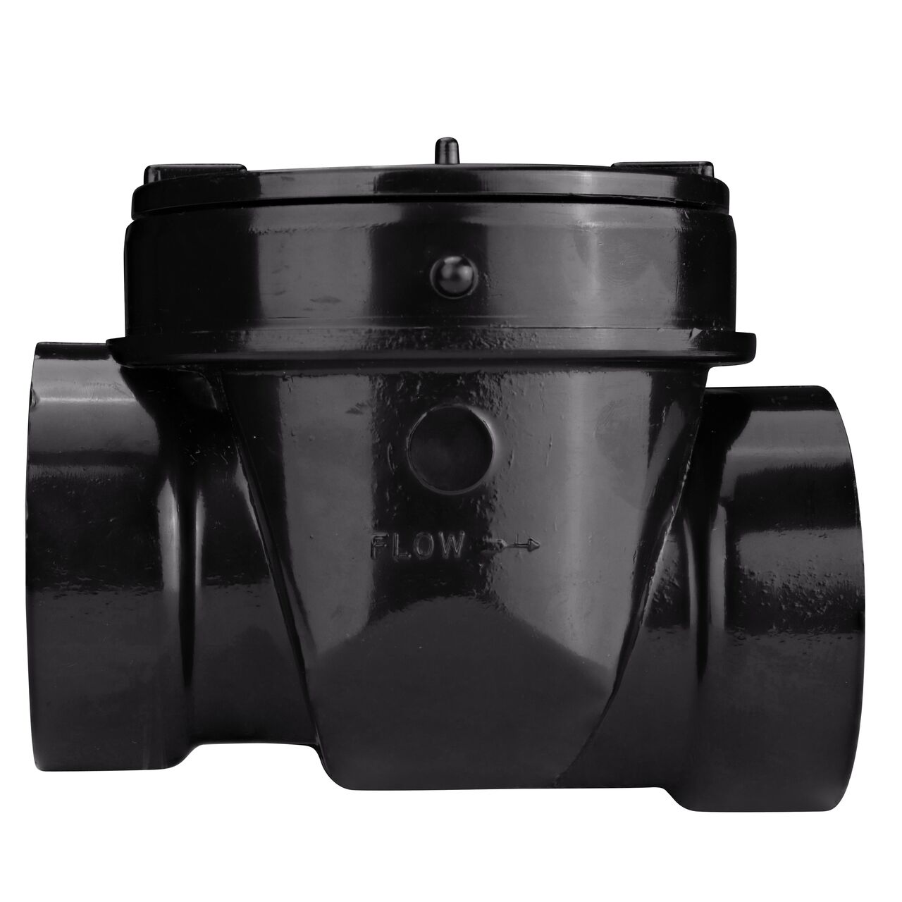 Side view of the NDS Black 2 in. ABS Backwater Valve (NDS 275) shows the water flow direction with arrow