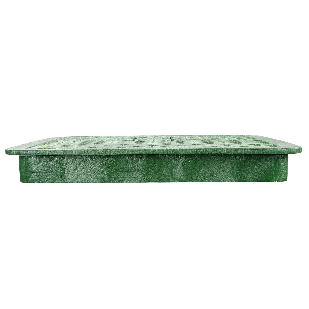 The NDS 17 in. X 30 in. Rectangular Pro-Spec® Series Green Sewer Valve Box Cover (NDS 323CS) is a Overlapping lid shown here from the side, that prevents dirt and debris from entering the Valve box