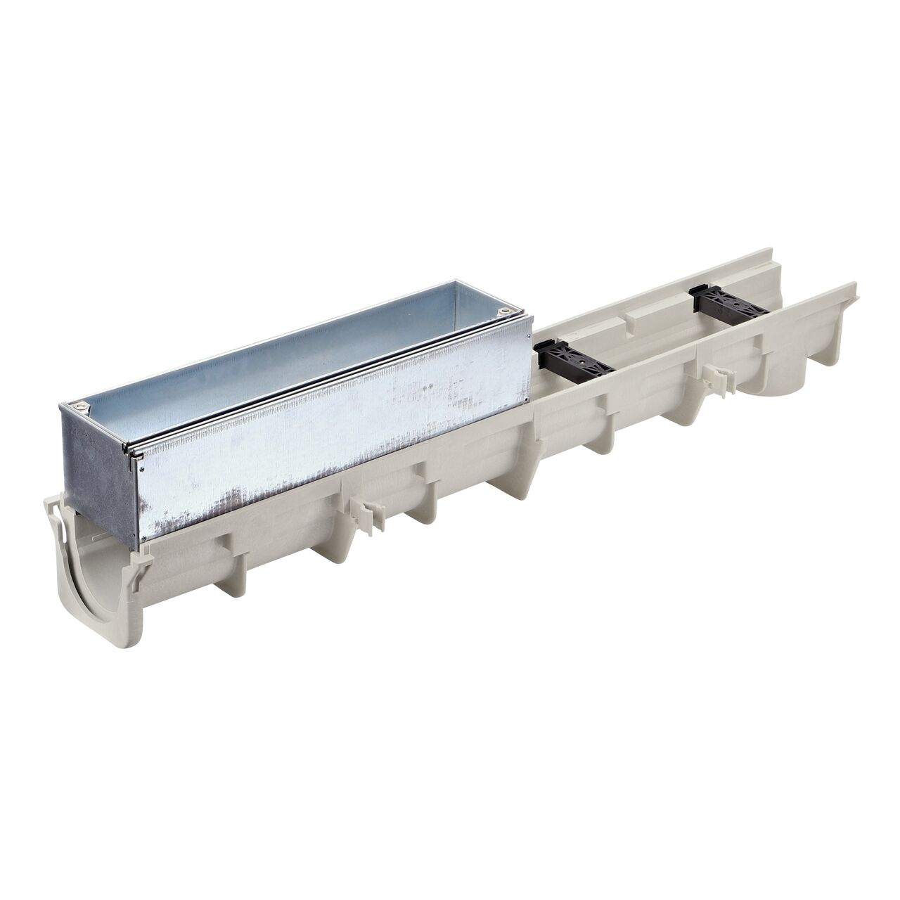 The NDS Galvanized Steel Dura Slope Channel Drain Slot Top Maintenance Unit (DS-STMAINT) installed on a Dura Slope Channel Drain (NDS DS-091)